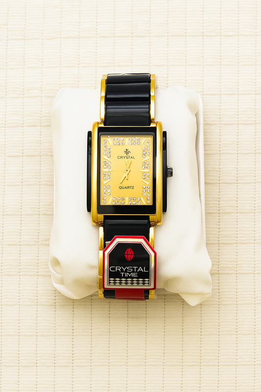 "Crystal Time" Gold & Black Square Analog Watch